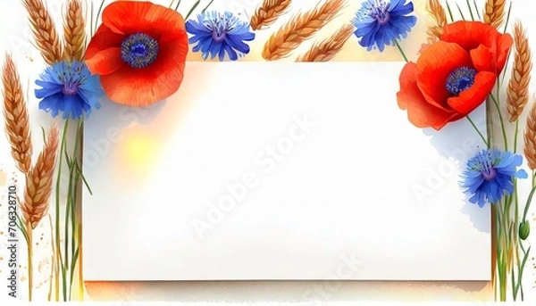 Obraz Kwiaty maków, chabrów i kłosy zboża otaczające białą kartkę papieru