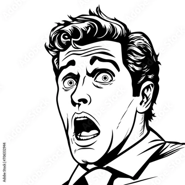 Fototapeta Shocked man with wide open eyes and open mouth, vector illustration in retro pop art comic style, black and white outline