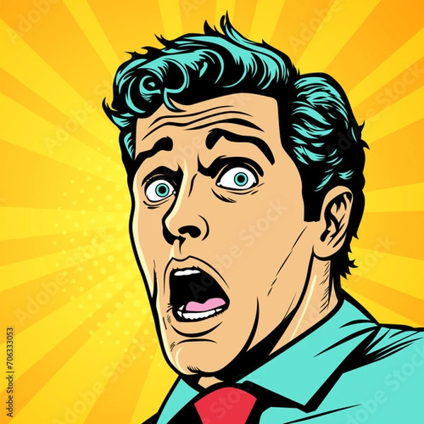 Obraz Shocked young man with wide open eyes and open mouth, vector illustration in retro pop art comic style