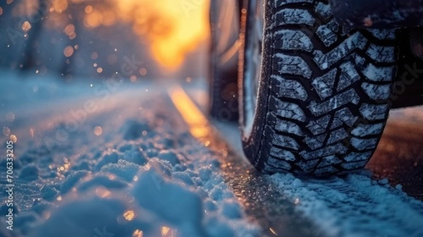 Fototapeta Snowy Road Closeup. Winter Tires with Bokeh Snowfall in Background