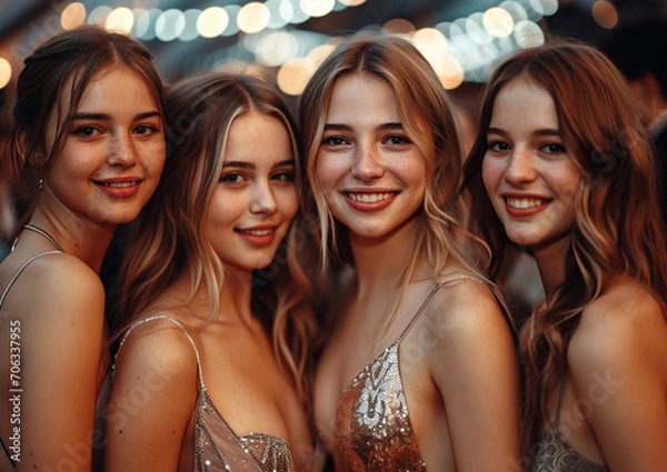 Fototapeta Happy female students wearing beautiful dresses on college prom graduation party.Macro.AI Generative.