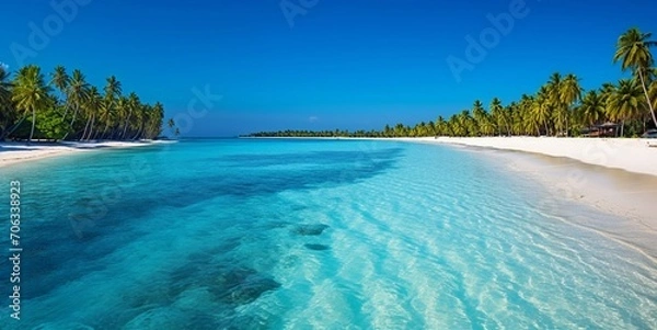Fototapeta Luksusowy kurort nadmorski ze spokojną plażą na wyspie z palmami i błękitnym oceanem. Krajobraz.AI Generative.