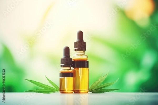 Obraz stacked cbd bottles with a green background