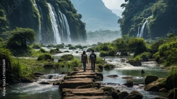 Obraz Northern Vietnam, the famous Ban Gioc Waterfall. Situated on the Vietnamese - Chinese boarder. A couple walks near the falls