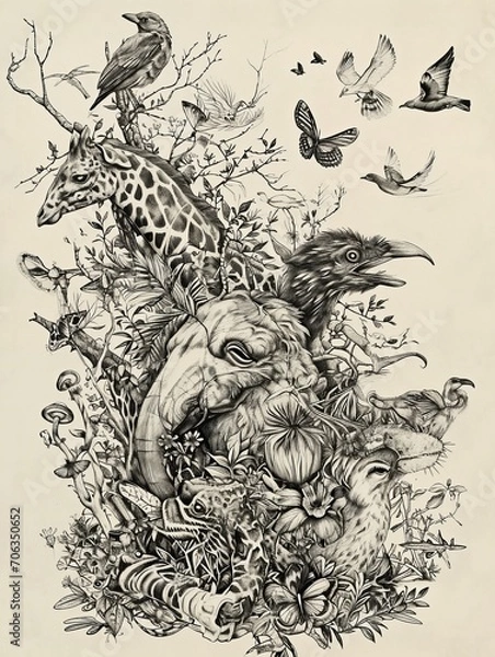 Obraz Incorporate AI-sketched animals into a wildlife-inspired page