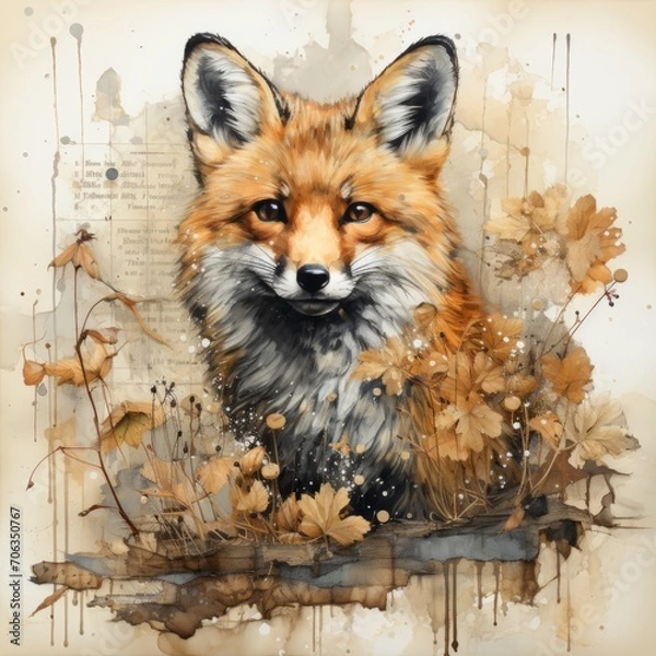 Obraz Junk journal page, theme (autumn), (autumn) colors, (young foxes), foliage, vintage paper with scratches and old texts, stains, watercolor style