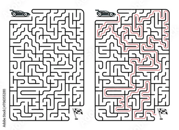 Obraz Labyrinth game in graphic black and white style. Maze puzzle with a racing car. A maze with a solution