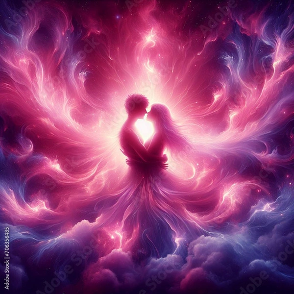Fototapeta Twin flame couple. Soulmates. The concept of magical, esoteric, tantric, spiritual love. Connection between souls. Illustration for websites and much more. Created using generative ai tools