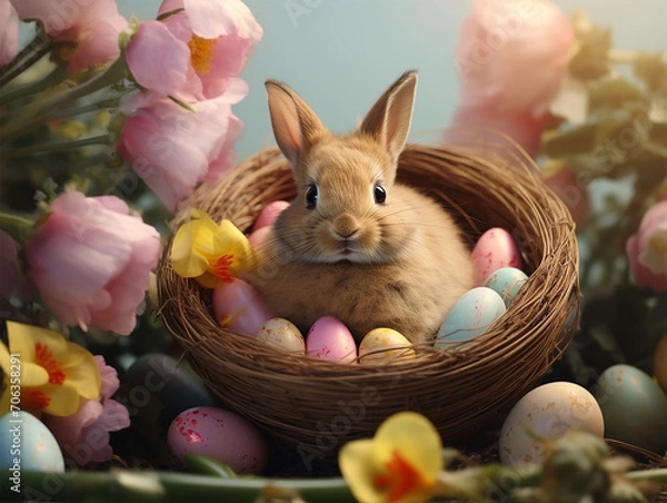 Fototapeta easter bunny with basket of eggs