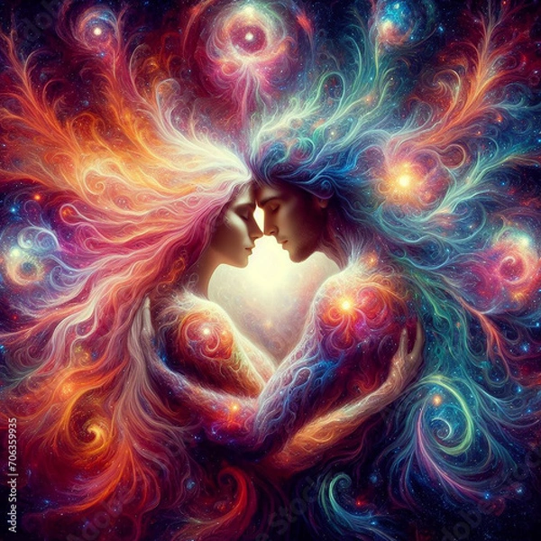 Fototapeta Twin flame couple. Soulmates. The concept of magical, esoteric, tantric, spiritual love. Connection between souls. Illustration for websites and much more. Created using generative ai tools.