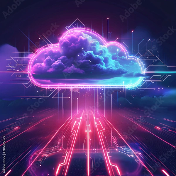 Fototapeta Illuminating the Digital Horizon: Neon-Colored Cloudscape - A Visionary Depiction of Technology and Digitalization in the Virtual Realm - Generative AI