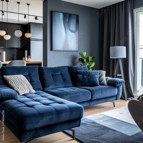 Fototapeta Modern Comfort in Blue: Cozy Sofa Landscape in a Stylish Living Room - A Relaxing Oasis of Tranquility and Contemporary Elegance - Generative AI