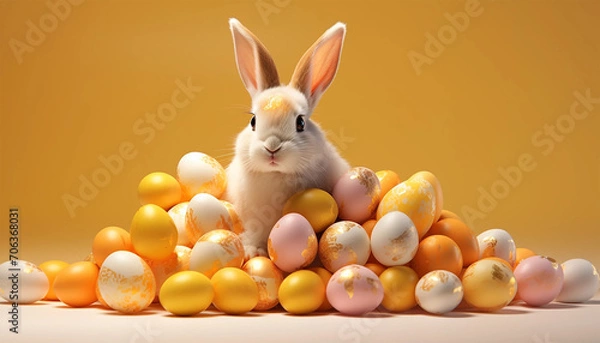 Fototapeta Easter Bunny with Easter Eggs in a yellow background
