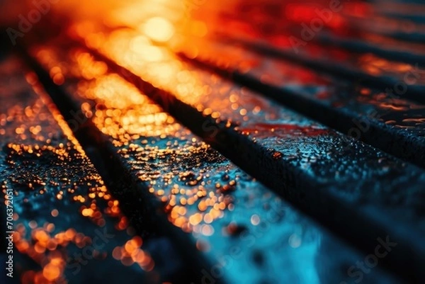 Fototapeta A close-up photograph of a wooden bench with raindrops on it. This image can be used to depict solitude, tranquility, or a rainy day scene