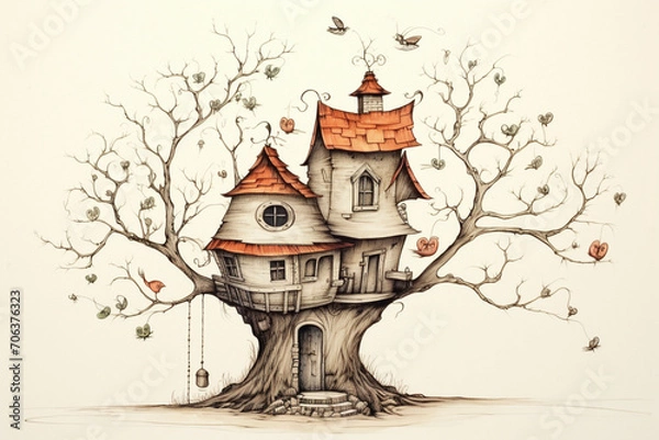 Obraz Enchanted Treehouse Illustration in Whimsical Hand-Drawn Style
