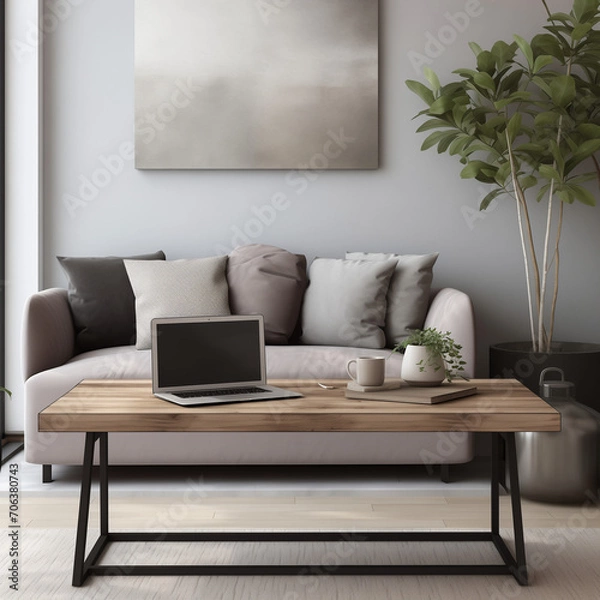 Fototapeta Amidst the carefully curated furnishings, the greenery takes center stage, with an assortment of houseplants strategically placed to infuse the room with life and freshness.