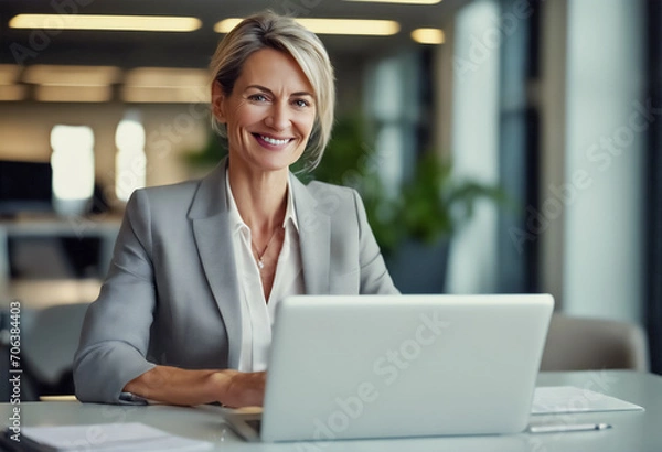 Fototapeta Professionalità Radiante- Imprenditrice Matura Felice al Lavoro mentre utilizza il Laptop in Ufficio II