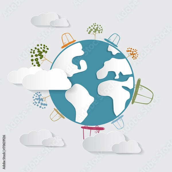 Fototapeta Vector Paper Cars, Clouds, Trees, on Earth, Globe