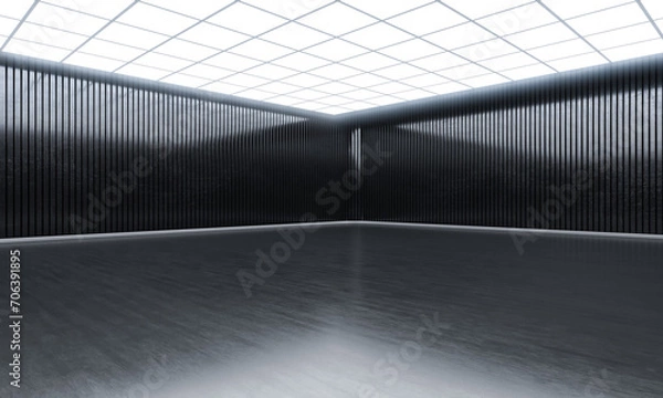 Fototapeta Modern empty open space with lights on top. Showroom hall and black wall.  3D rendering