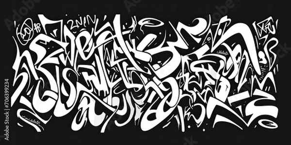Fototapeta Generative AI, Black and white type fonts, brush pen letters as graffiti symbols on the wall, street art. Melted paint.

