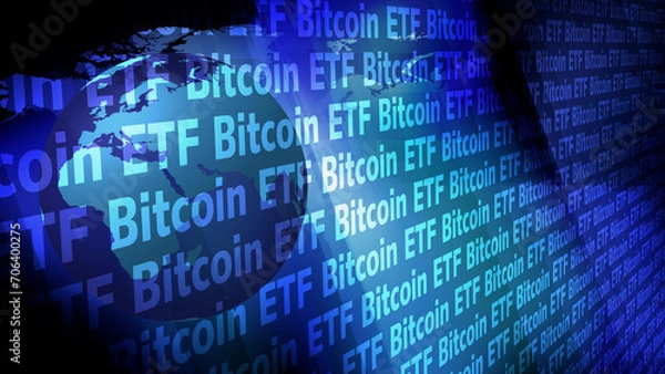 Obraz Rotating world explores high opportunity of bitcoin etf, digital asset with soaring value, as securities for worldwide financial innovation and global savings strategy