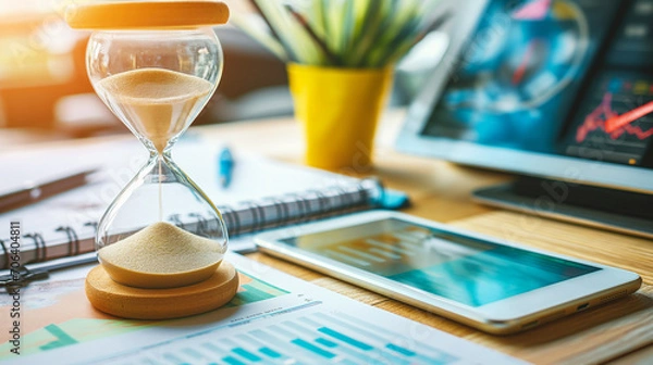 Obraz hourglass on a busy desk, with sand trickling down. There's a tablet, graphs, a notebook, and a plant pot in the background