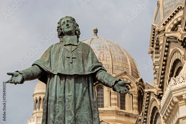 Fototapeta The statue of Mgr. Bishop Monseigneur de Belsunce in front of the La Major cathedral in Marseilles, France 