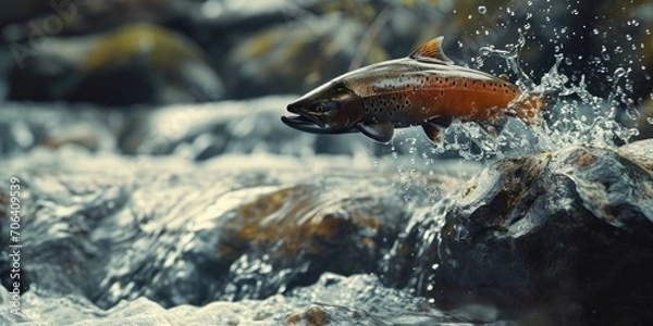 Fototapeta A fish jumping out of a river into the water. Suitable for aquatic themes and nature concepts