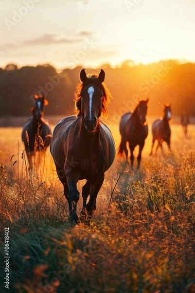 Obraz beautiful horses running through a grassy field at sunrise
