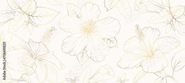 Obraz Floral gold line art background. Hibiskus flower golden background for wedding, backdrop, wallpaper, banner, card, cover, texture. Vector illustration.