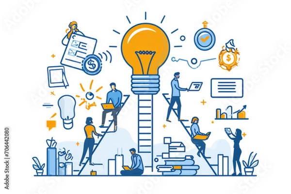Fototapeta Leader climbs up the career ladder or study. People team or students reading and make diagram projects