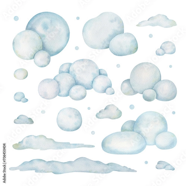 Obraz Watercolor winter set of snow and snowdrifts. Season design elements.