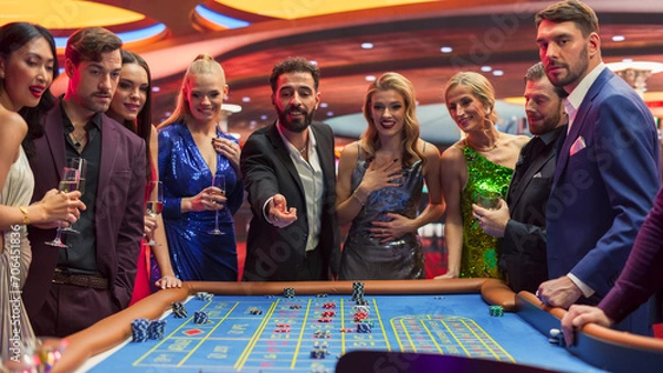 Obraz Successful Men and Women Partying in a Luxurious Casino. Young People Gambling at a Roulette Table, Putting High Stakes Bets. Entertainment Industry and Glamorous Lifestyle Concept