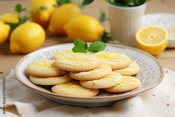 Fototapeta Plate with delicious lemon cookies on table, closeup