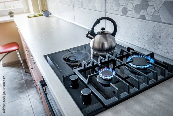 Obraz Steel kettle with whistle on modern burning gas stove
