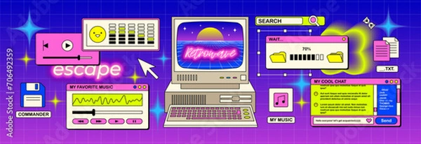 Obraz The screen of an old retro PC in the y2k style. Retro wave and vaporwave background. Bright vintage computer interface
