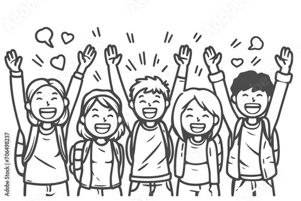 Obraz Line drawing illustration of happy friends or students raised arms.