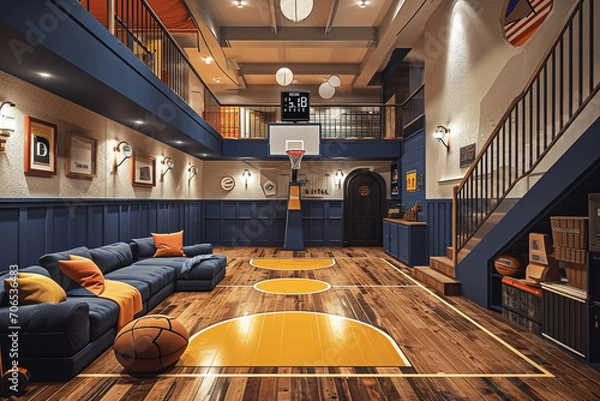 Fototapeta A playroom with a mini basketball court, complete with a hoop and scoreboard