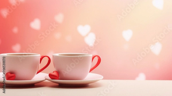 Fototapeta Two cups of coffee on the table with hearts bokeh background.