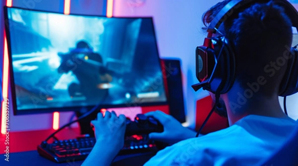 Obraz Professional Gamer Playing And Winning In First-Person Shooter Online Video Game. online game