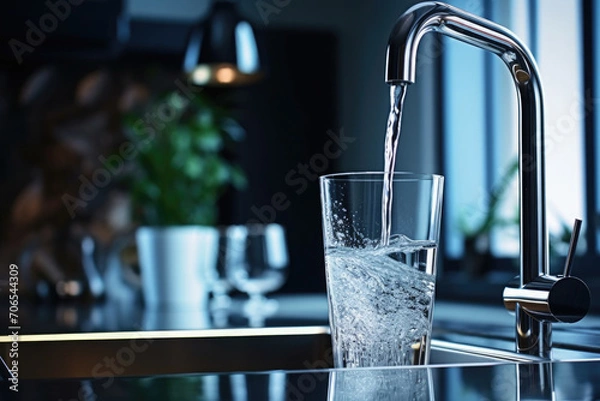 Obraz water flows from a faucet into a glass in the kitchen