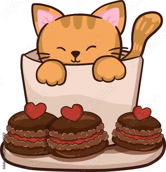 Fototapeta cute cat in the tea cup with Macarons. cat and heaet, happy animal. valentines doodle art.