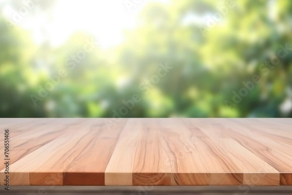 Fototapeta Wood table green plant blurred background.