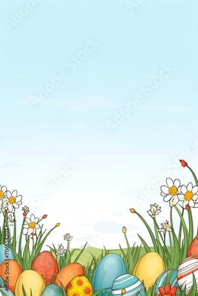 Obraz Easter line art banner with colorful eggs, grass and flowers, with empty copy space Generative AI