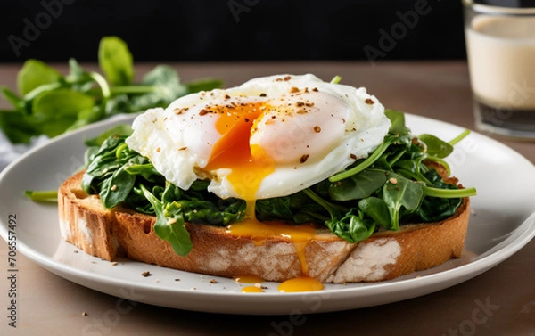 Fototapeta poached egg on toast with spinach 