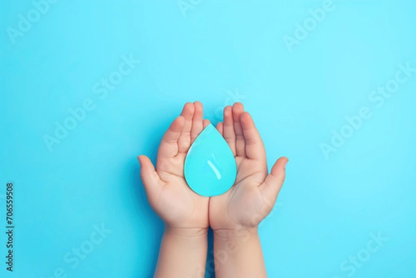 Fototapeta World Water Day. A child's hands, palms up, join to hold a piece of cardboard in the shape of a drop of water, isolated in plain soft blue background. Water saving concept.