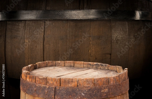 Fototapeta Wine casks at the winery. Stacked Wine barrels at the german winery. Old vintage whisky cask. old Single Malt. High quality photo