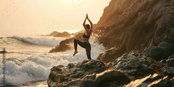 Fototapeta A fitness enthusiast, a young woman, finds serenity in her yoga practice, savoring the gentle caress of the wind and inhaling the crisp sea breeze as she balances on the rocky beach