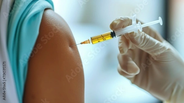 Fototapeta Close-up of a vaccine being administered to a patient's arm by a medical professional in a clinical setting