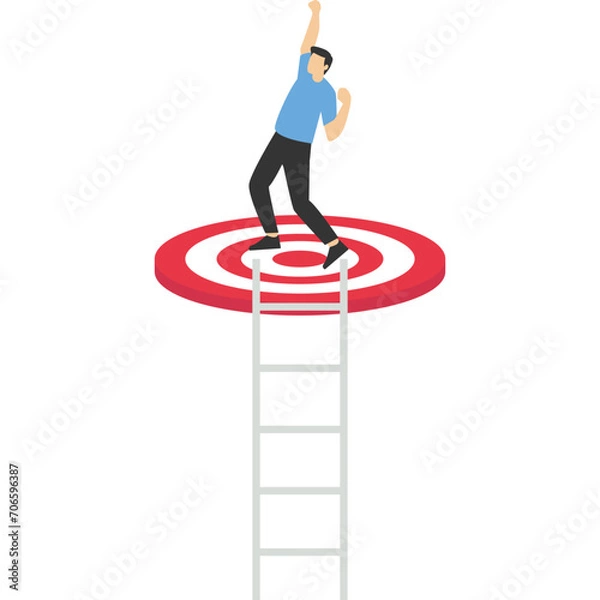 Fototapeta Employees express joy after finding the path to the goal. Stairway to success, Stairway to Red target, business target bullseye, Flat Design illustration.


